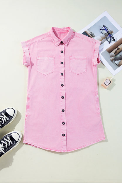 Denim Short Sleeve Double Chest Pocket Shirt Dress