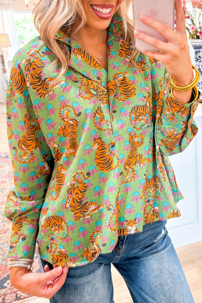 Tiger Floral Collared V-Neck Shirt