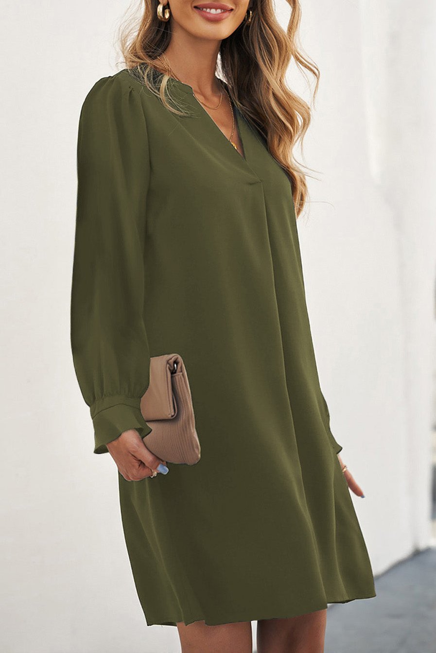 Solid V-Neck Ruffle Sleeve Dress