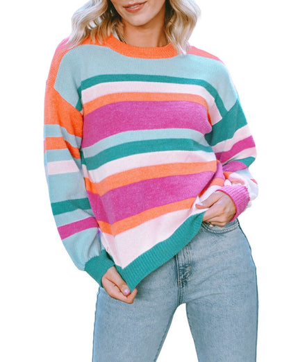 Multicolor Stripe Puff Sleeve Sweater