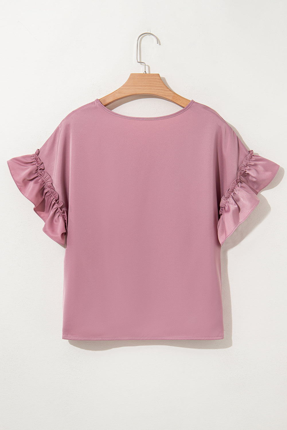 Solid Satin Ruffle Short Sleeve V-Neck Top