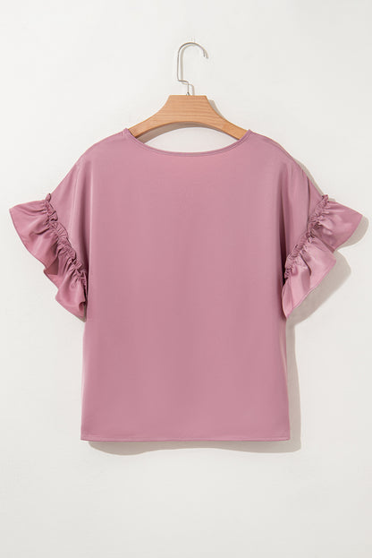 Solid Satin Ruffle Short Sleeve V-Neck Top