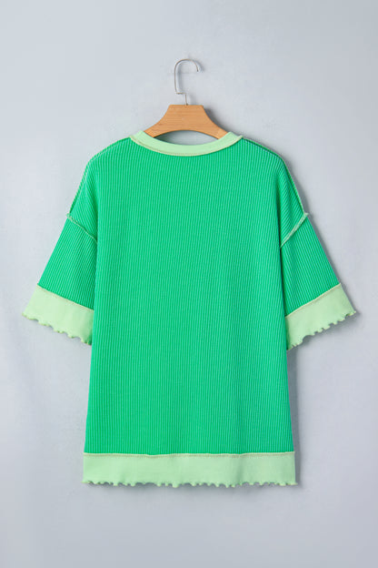 Colorblock Corded Knit Uneven Hem T-Shirt