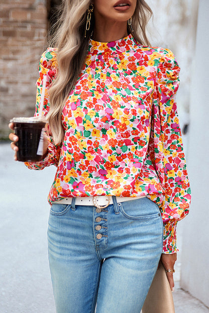 Floral Ruched Puff Sleeve Blouse