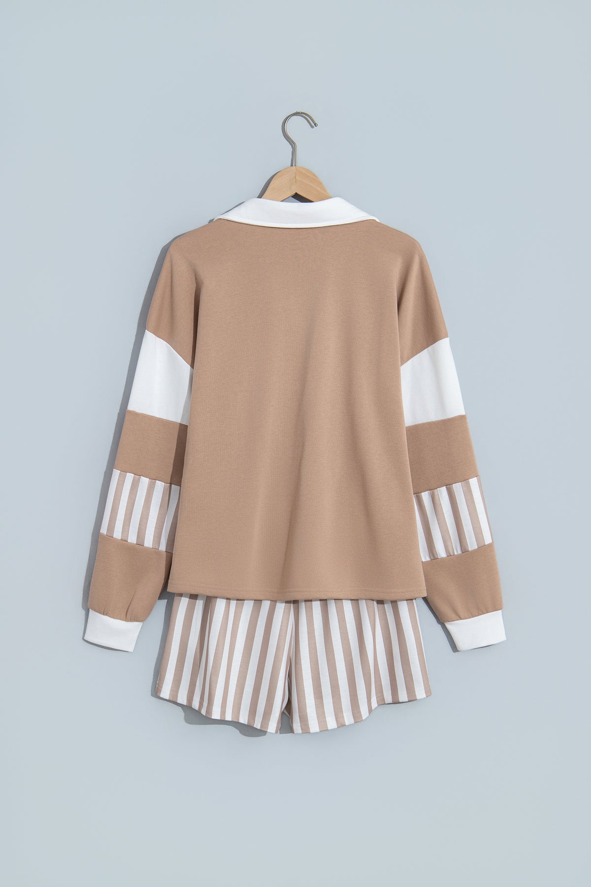 Stripe Colorblock Polo Top & Drawstring Shorts Set