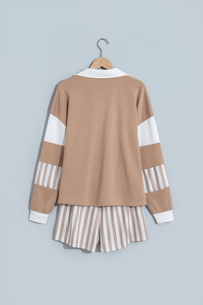 Stripe Colorblock Polo Top & Drawstring Shorts Set
