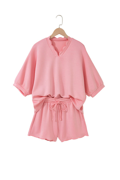 Scalloped V-Neck Dolman Top & Drawstring Short Set
