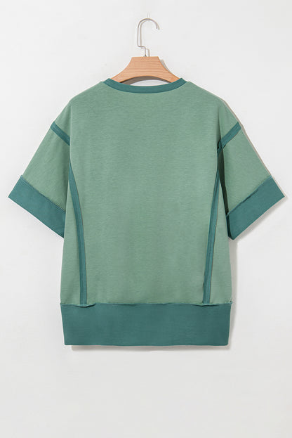 Colorblock 3/4 Sleeve Raw Seam High-Low Top