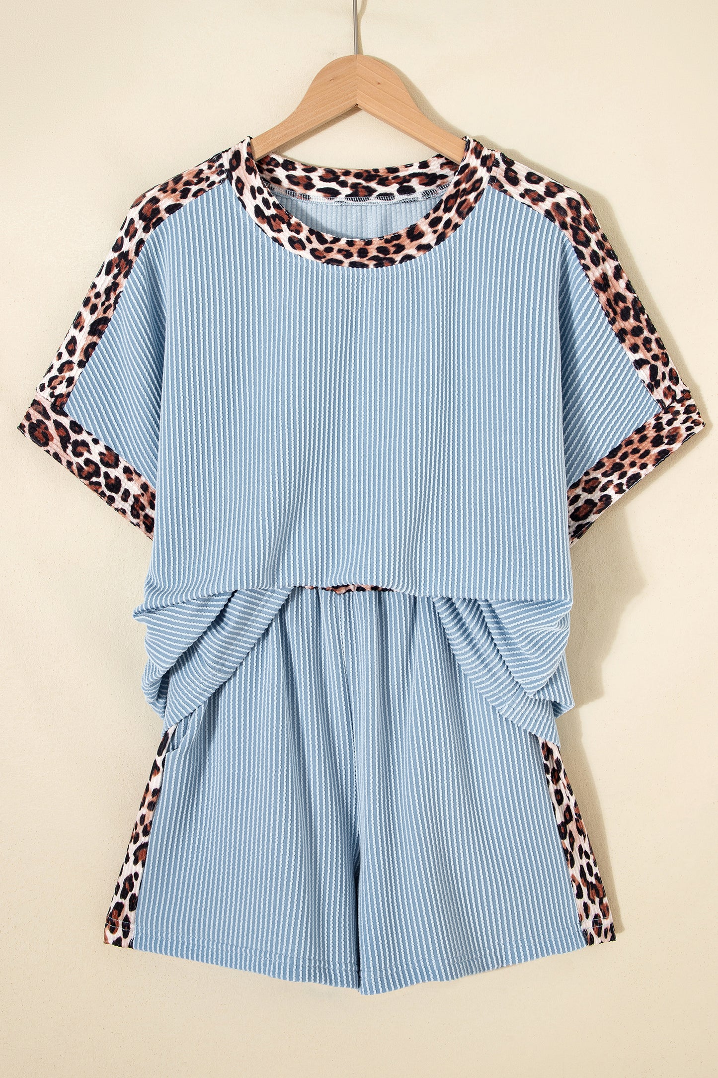Leopard Trim Corded Knit Top & Shorts Set