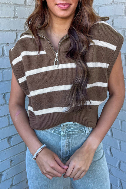 Stripe Quarter Zip Cap Sleeve Top