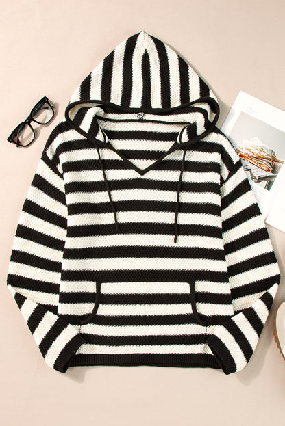 Stripe Drawstring Hooded V-Neck Sweater