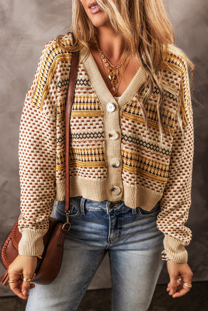 Buttoned V-Neck Cropped Cardigan