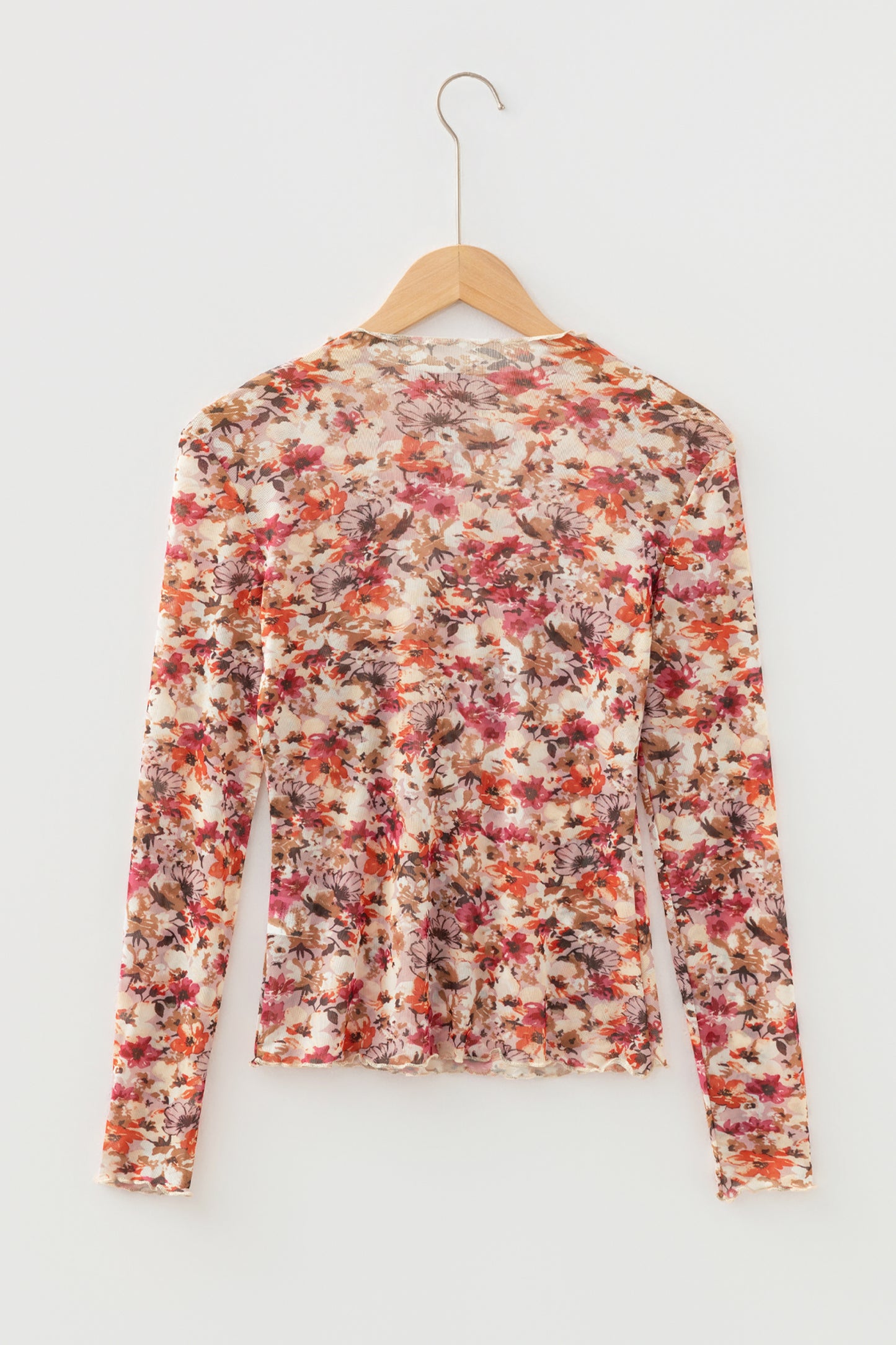Floral Mesh Lettuce Trim Long Sleeve Top