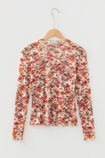 Floral Mesh Lettuce Trim Long Sleeve Top