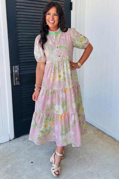 Floral Puff Sleeve Ruffle Tiered Maxi Dress