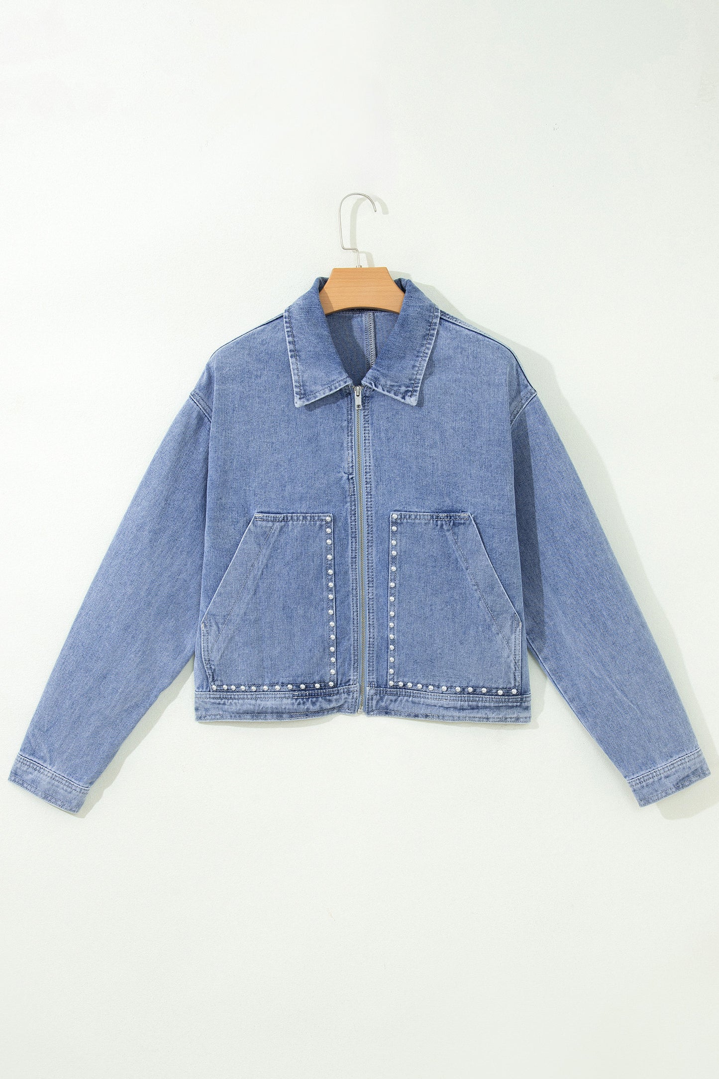 Denim Studded Pockets Zip-Up Long Sleeve Jacket