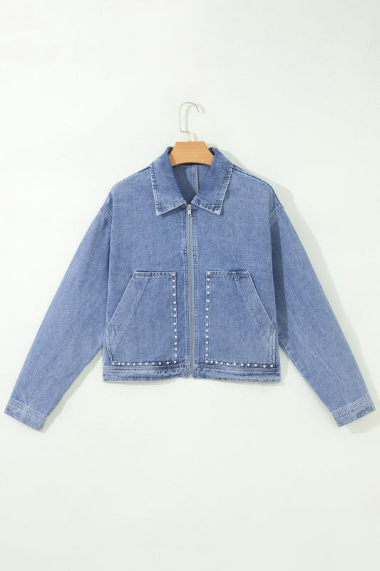 Denim Studded Pockets Zip-Up Long Sleeve Jacket