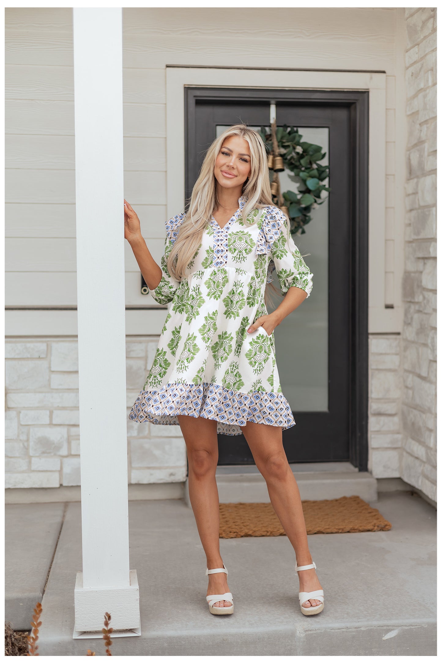 Floral Patchwork Ruffle 3/4 Sleeve Mini Dress