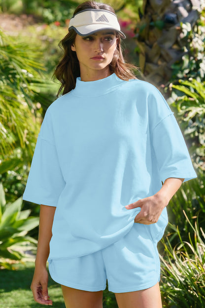 Solid Exposed Seam Mock Neck Tee & Shorts Set