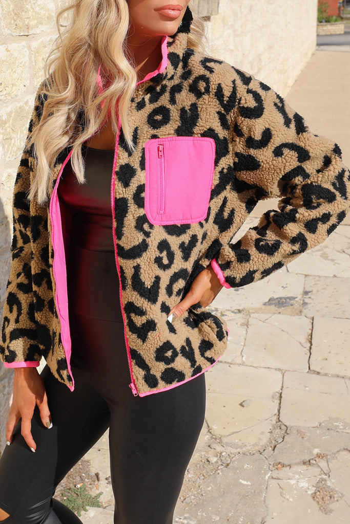 Leopard Colorblock Pocketed Sherpa Jacket