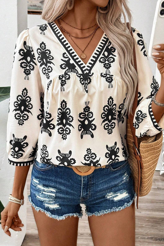 Geometric 3/4 Sleeve V-Neck Blouse