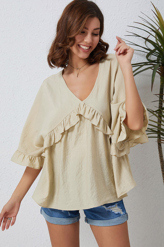 Ruffle Loose Fit V Neck Top