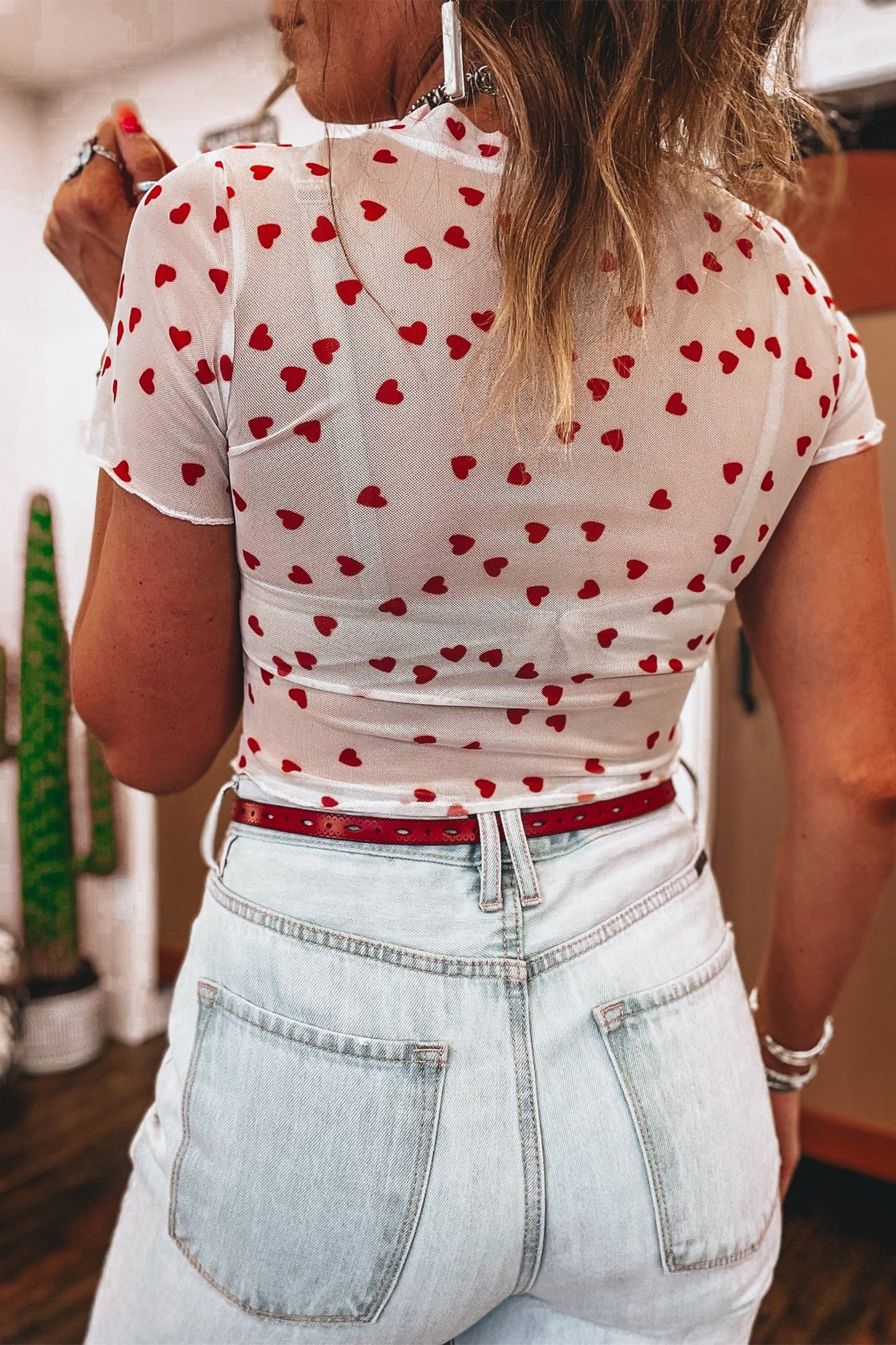 Heart Mesh Short Sleeve Top