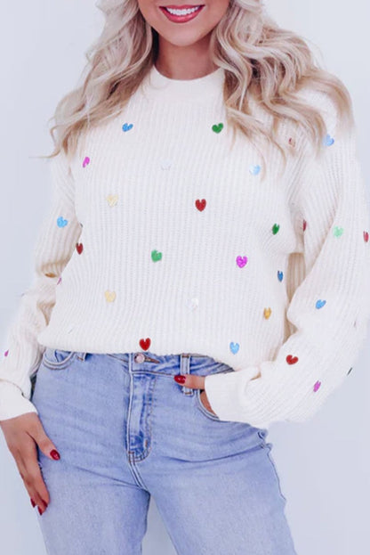 Sequin Heart Waffle Knit Sweater