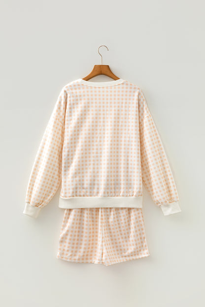 Gingham Plaid Baggy Pullover and Drawstring Shorts Set