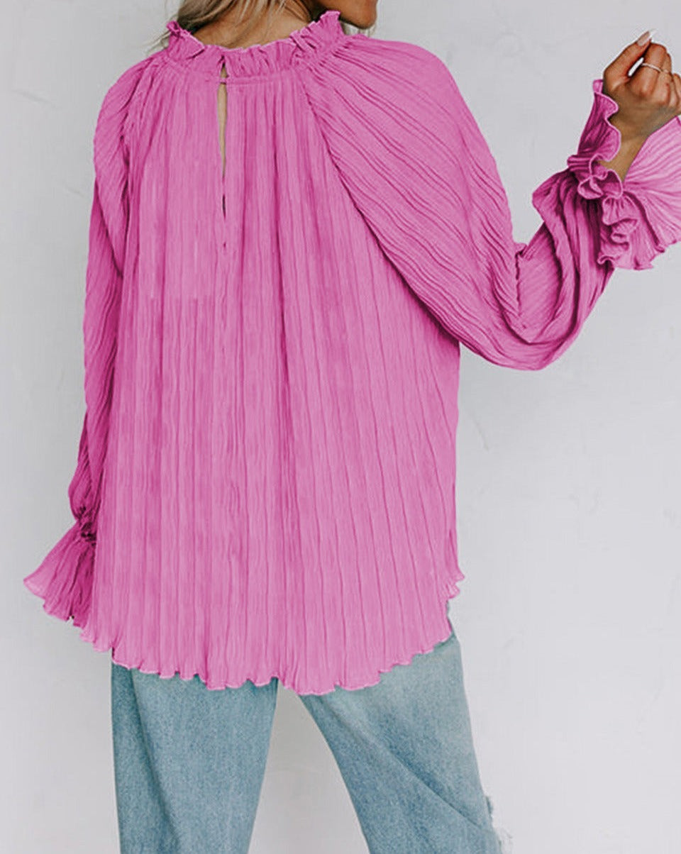 Pleated Flared Long Sleeve Blouse