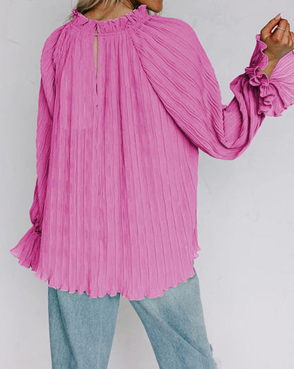 Pleated Flared Long Sleeve Blouse