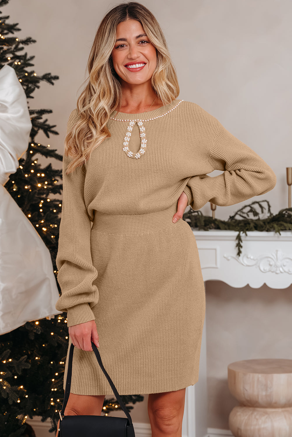 Pearl Embellished Keyhole Ribbed Sweater Dress