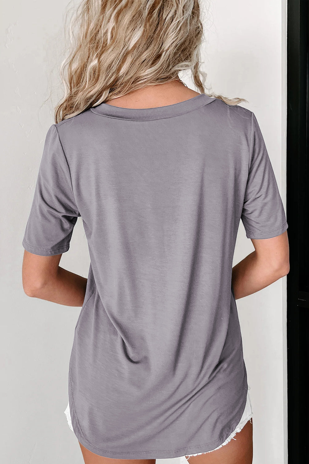 Pocketed V-Neck Rounded Hem Tee