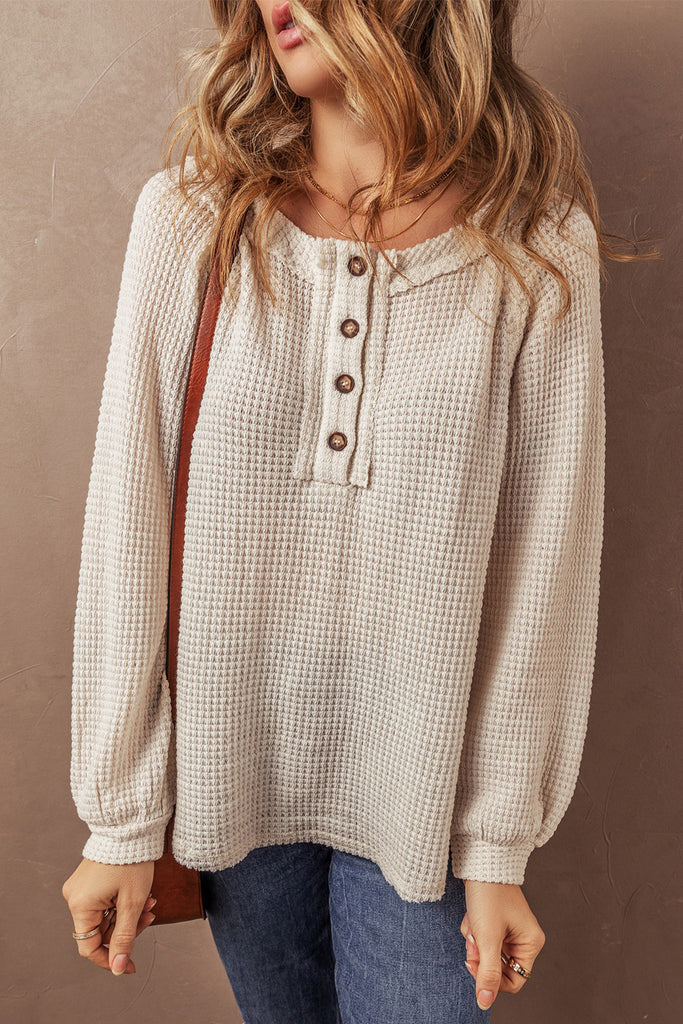 Waffle Raglan Sleeve Henley Blouse