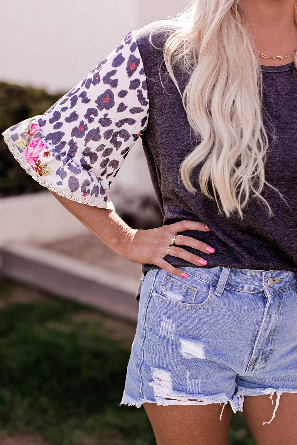 Leopard Floral Colorblock Ruffle Top