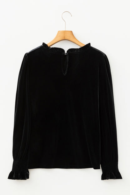 Solid Velvet Frilled Collar Smocked Puff Sleeve Blouse