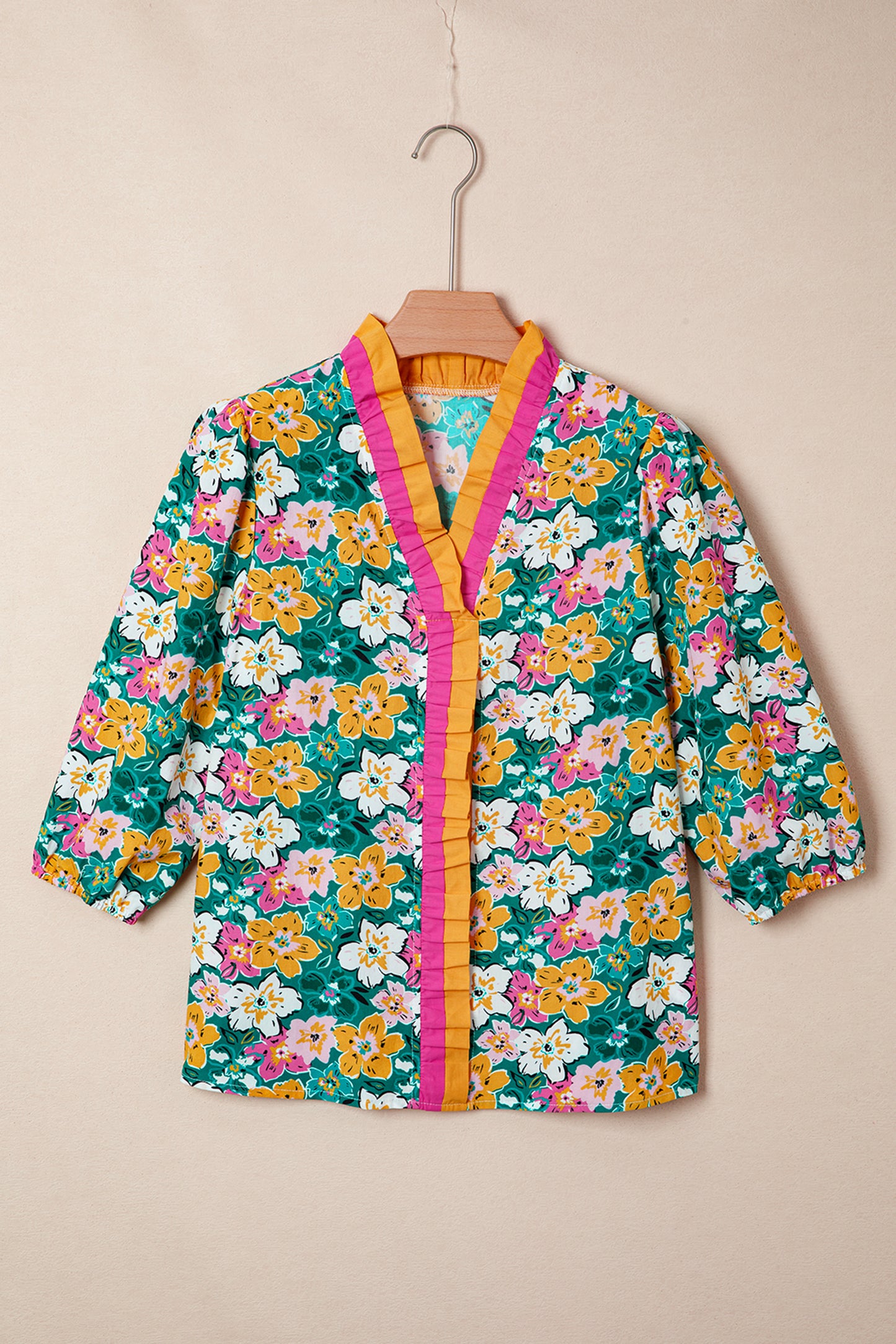 Floral Frilled V-Neck 3/4 Sleeve Blouse