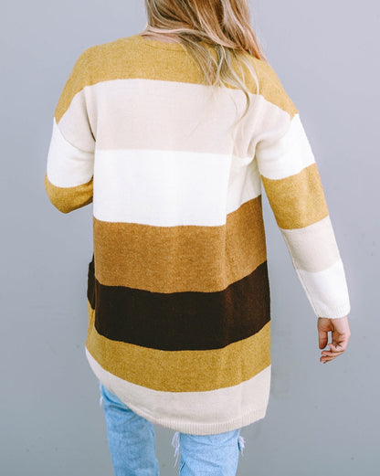 Colorblock Open Front Pocketed Cardigan