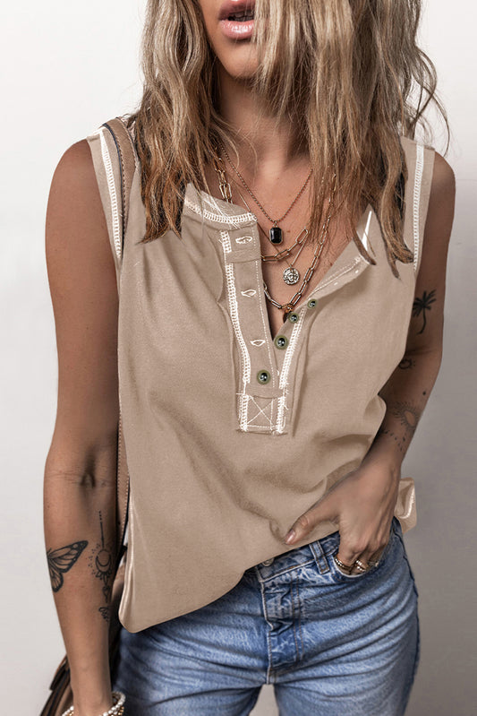 Contrast Stitch Henley Tank Top