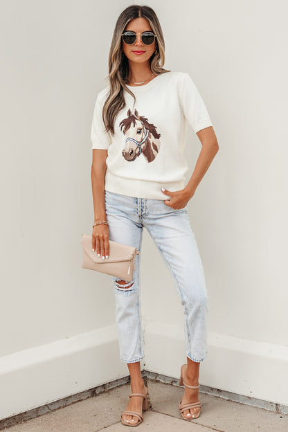 Western Horse Head Short Sleeve Sweater