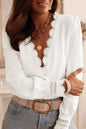 Lace Trim Deep V-Neck Blouse