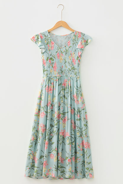 Floral Smocked V-Neck Ruffle Tiered Maxi Dress