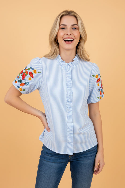 Stripe Floral Embroidered Puff Sleeve Ruffle Trim Shirt