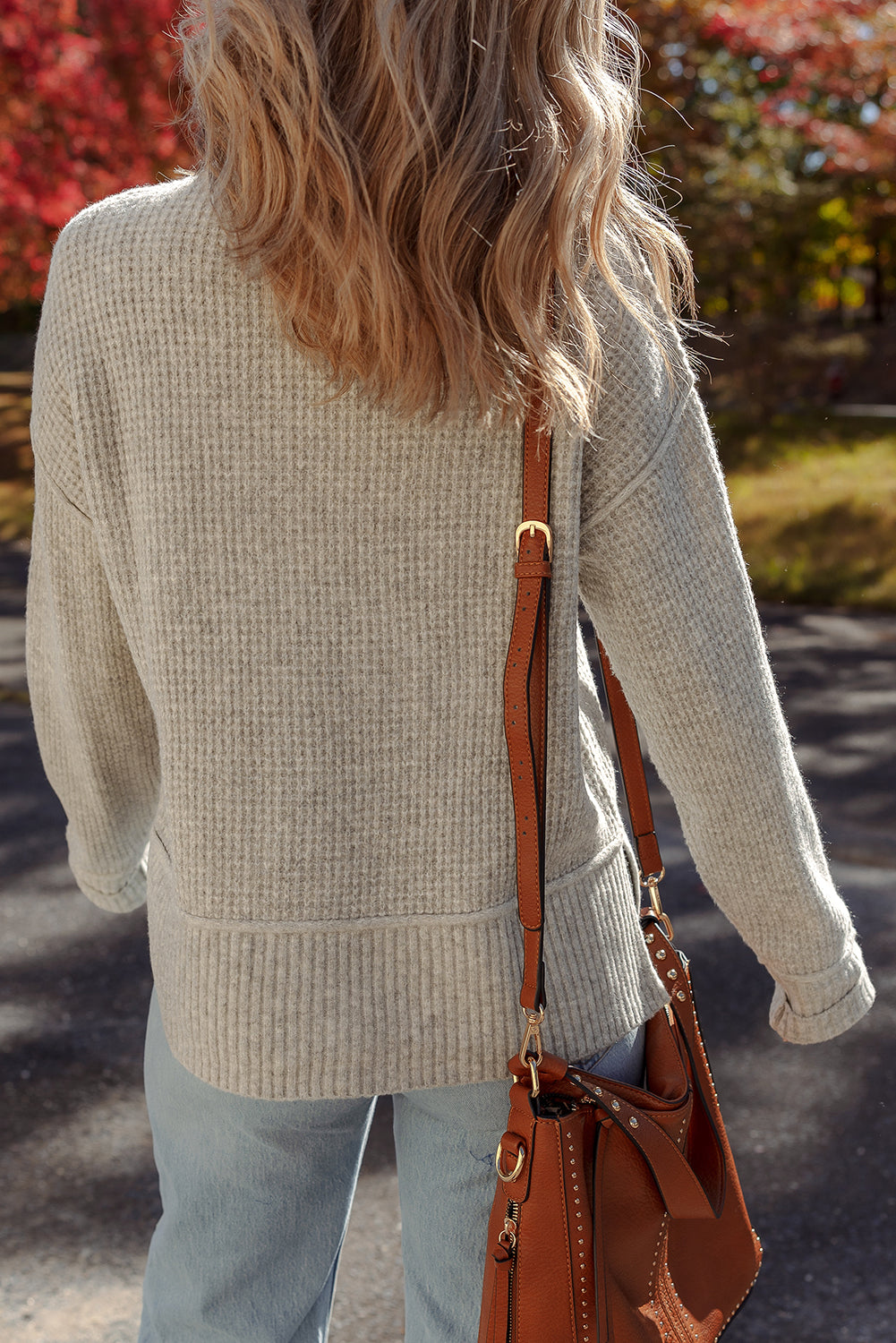 Waffle Knit Ribbed High Neck Drop Shoulder Sweater