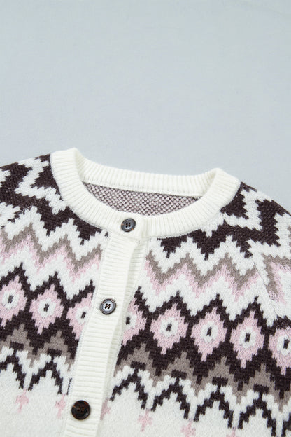 Geometric Fair Isle Brushed Knit Buttoned Cardigan
