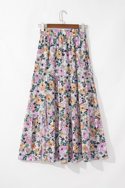 Boho Floral Tiered Side Slit Maxi Skirt