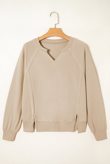 Solid Raw Edge Raglan Sleeve Side Slit Sweatshirt