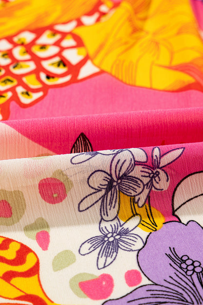 Floral Abstract Leopard Buttoned Ruffle Bubble Sleeve Shirt