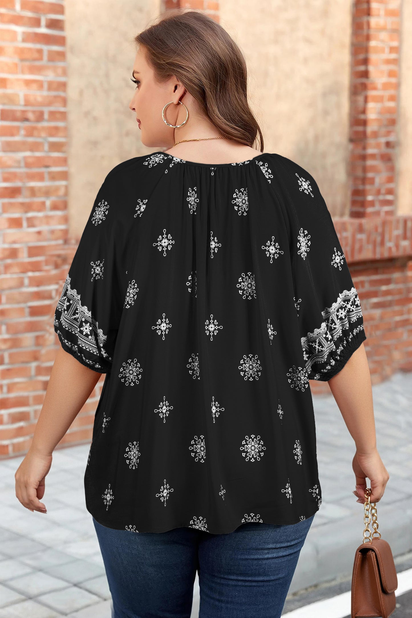 Plus Size Boho Floral Boho Notch V-Neck Top