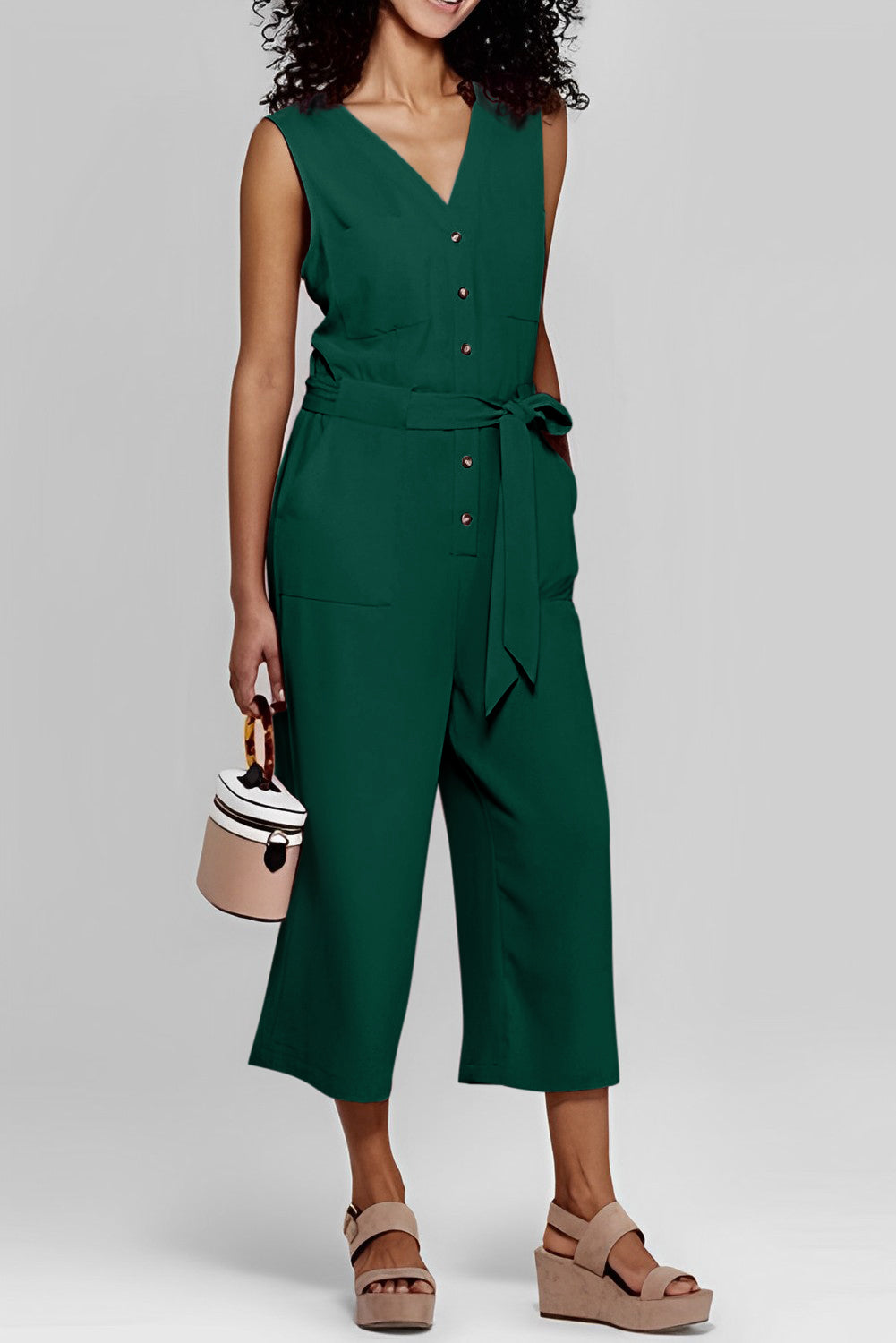 Button-Up Sleeveless Belted Jumpsuit